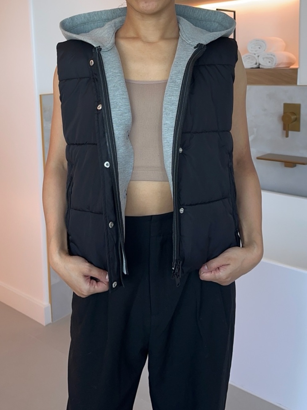 Black Puffer Vest with Gray Hood - Women